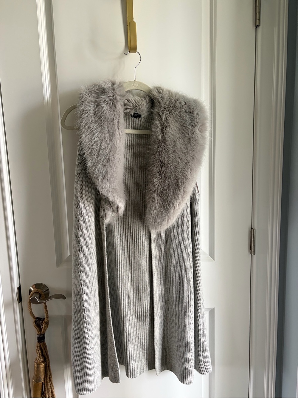 Talbots Light Gray Faux Fur-Collar Knit Coatigan